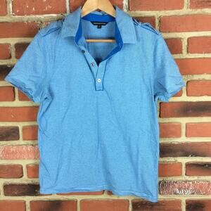 Express Men's Blue and White Stripe Polo Tee sz M Short Sleeve Polo Shirt